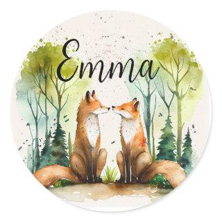 Watercolor spring fox personalized name  classic round sticker