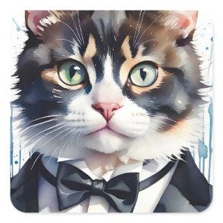 Watercolor Tabby Cat in a Tuxedo and Black Bow Tie Square Sticker