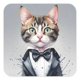 Watercolor Tabby Cat in a Tuxedo and Black Bow Tie Square Sticker