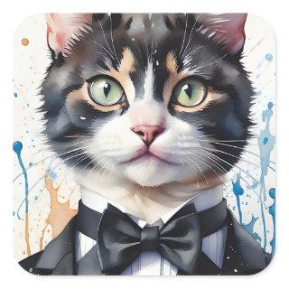 Watercolor Tabby Cat in Tuxedo Vest Black Bow Tie Square Sticker