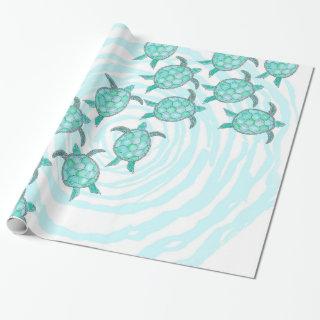 Watercolor Teal Sea Turtles on Swirly Stripes