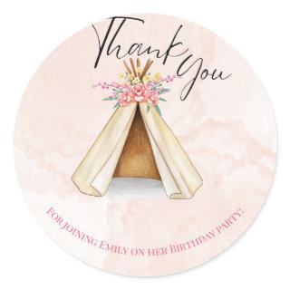 Watercolor Teepee Sleepover Birthday Thank you  Classic Round Sticker