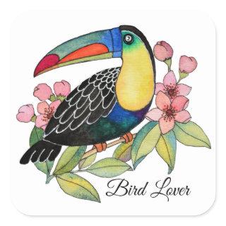 Watercolor Toucan Bird With Flowers Square Sticker