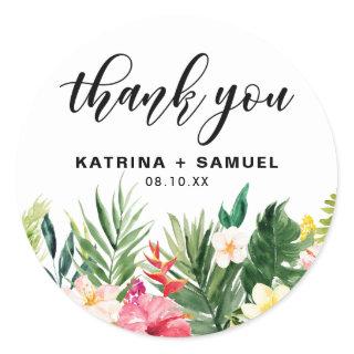 Watercolor Tropical Flowers Wedding Thank You Classic Round Sticker