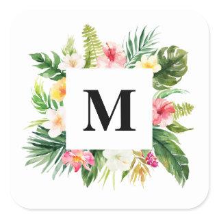 Watercolor Tropical Leaves & Floral Frame Monogram Square Sticker