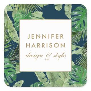 Watercolor Tropical Leaves Pattern on Dark Blue Square Sticker