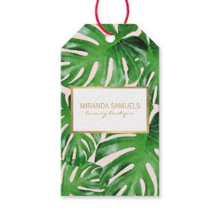 Watercolor Tropical Monstera Leaves Pattern Pink Gift Tags