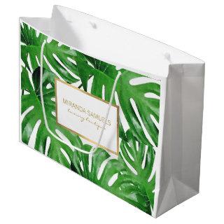 Watercolor Tropical Monstera Leaves Personalized Large Gift Bag