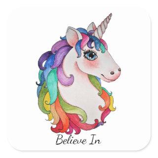 Watercolor Unicorn With Rainbow Hair Square Sticker