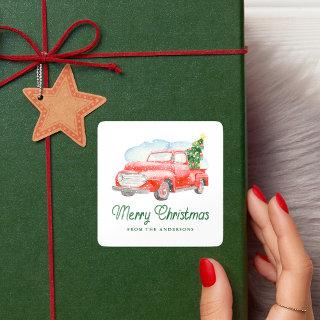 Watercolor Vintage Red Truck Merry Christmas Square Sticker