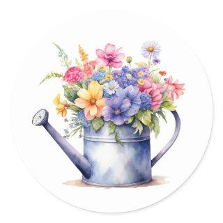 Watercolor Watering Can with Garden Flowers  Classic Round Sticker