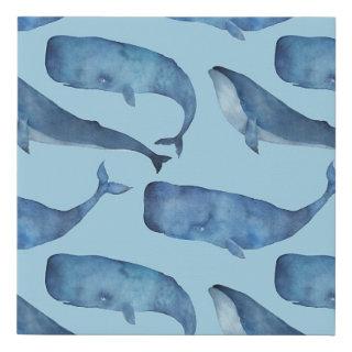 Watercolor whale: seamless blue pattern. faux canvas print
