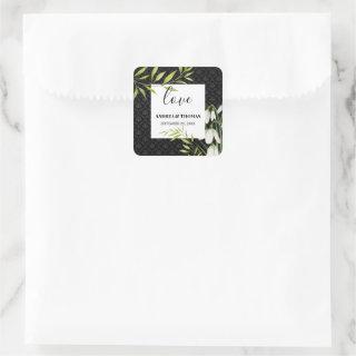 Watercolor White Snowdrops and Laurel Damask Square Sticker