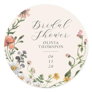 Watercolor Wildflower Wreath Script Bridal Shower Classic Round Sticker