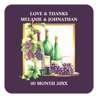 Watercolor wine bottles grapes lapis winery chic square sticker