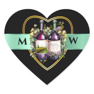 Watercolor wine bottles sage black monogram chic heart sticker