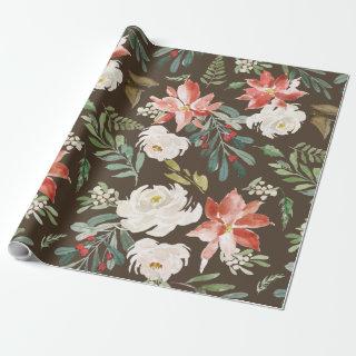 Watercolor Winter Floral Holly Berry Pattern Brown