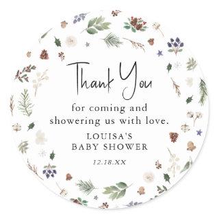 Watercolor Winter Foliage Baby Shower Thank You Classic Round Sticker