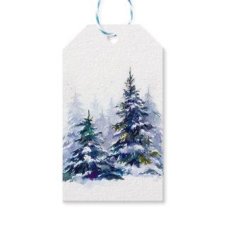 Watercolor winter forest Christmas tree modern ill Gift Tags