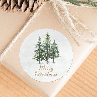 Watercolor Winter Pine Trees Christmas Classic Round Sticker