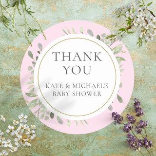 Watercolour Greenery Baby Pink Shower Thank You Classic Round Sticker