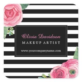 Watercoour Pink Roses and Black Stripes Stickers
