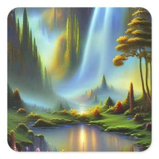 Waterfall Glade Nature Fantasy  Square Sticker