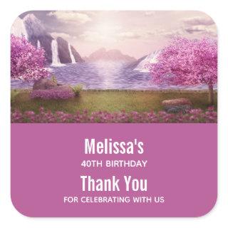 Waterfalls & Cherry Trees around a Lake Birthday Square Sticker