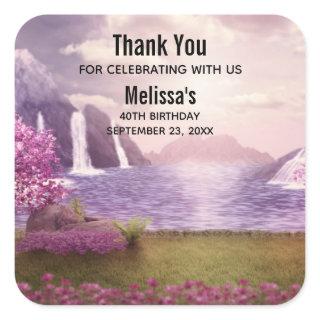 Waterfalls & Cherry Trees around a Lake Birthday Square Sticker