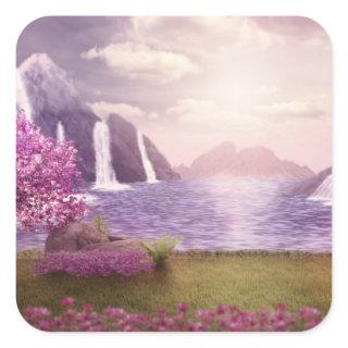 Waterfalls & Cherry Trees around a Lake Square Sticker