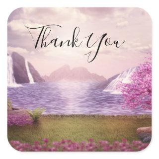 Waterfalls & Cherry Trees around a Lake Thank You Square Sticker