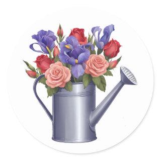 Watering Can with Colorful Garden Flowers  Classic Round Sticker