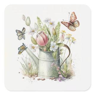 Watering Can With Tulips and Butterflies  Square Sticker