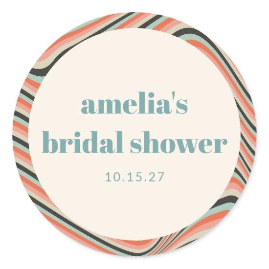 Wavy Stripes Aqua Peach Custom Bridal Shower Classic Round Sticker