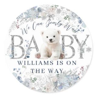 We Can Bearly Wait Winter Bear Baby Boy Shower Classic Round Sticker