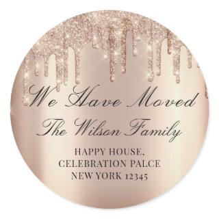 We Have Moved Glitter RSVP Blush Rose Drips  Classic Round Sticker