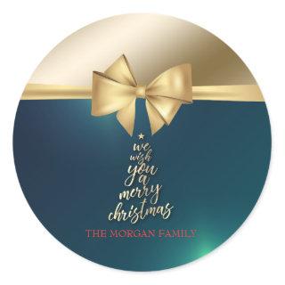 We Wish You A Merry Christmas Gold Bow Green Classic Round Sticker