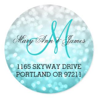 Wedding Address Beach Ombre Glitter Lights Classic Round Sticker