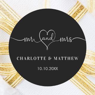 Wedding black white mr mrs heart script  classic round sticker