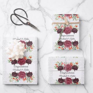 Wedding Burgundy Roses Personalize Names 3 Damask  Sheets