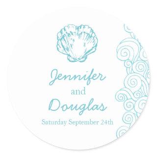 Wedding clam shell beach waves aqua sticker