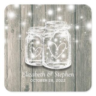 Wedding Favor Thank You Rustic Wood Mason Jar Lamp Square Sticker