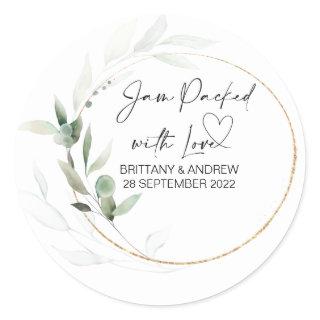 Wedding Jar Favor Jam Packed With Love Eucalyptus Classic Round Sticker