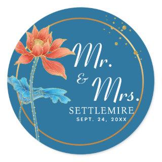 Wedding Lotus Flower Orange & Blue Mr. and Mrs. Classic Round Sticker