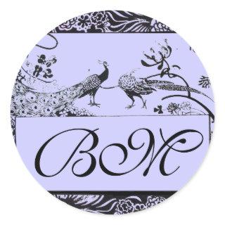 WEDDING LOVE BIRDS MONOGRAM ,black and white blue Classic Round Sticker