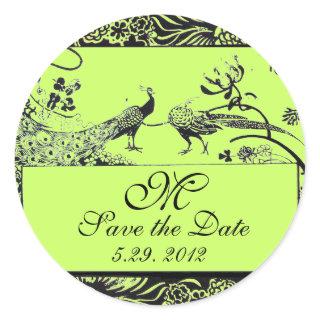WEDDING LOVE BIRDS MONOGRAM black and white green Classic Round Sticker