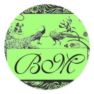 WEDDING LOVE BIRDS MONOGRAM ,black and white green Classic Round Sticker