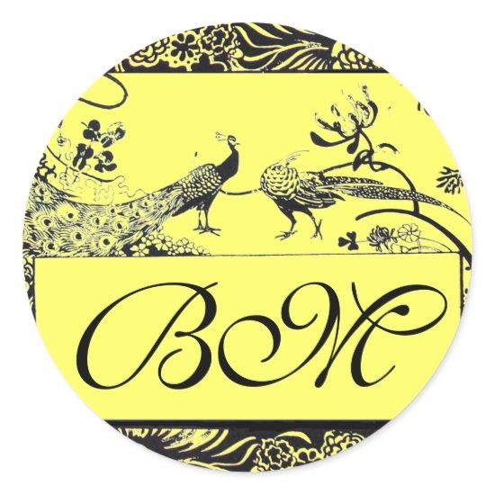 WEDDING LOVE BIRDS MONOGRAM black and white yellow Classic Round Sticker