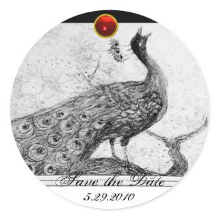 WEDDING LOVE PEACOCK white black red ruby Classic Round Sticker