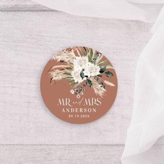 Wedding Mr Mrs pampas grass, eucalyptus botanical  Classic Round Sticker